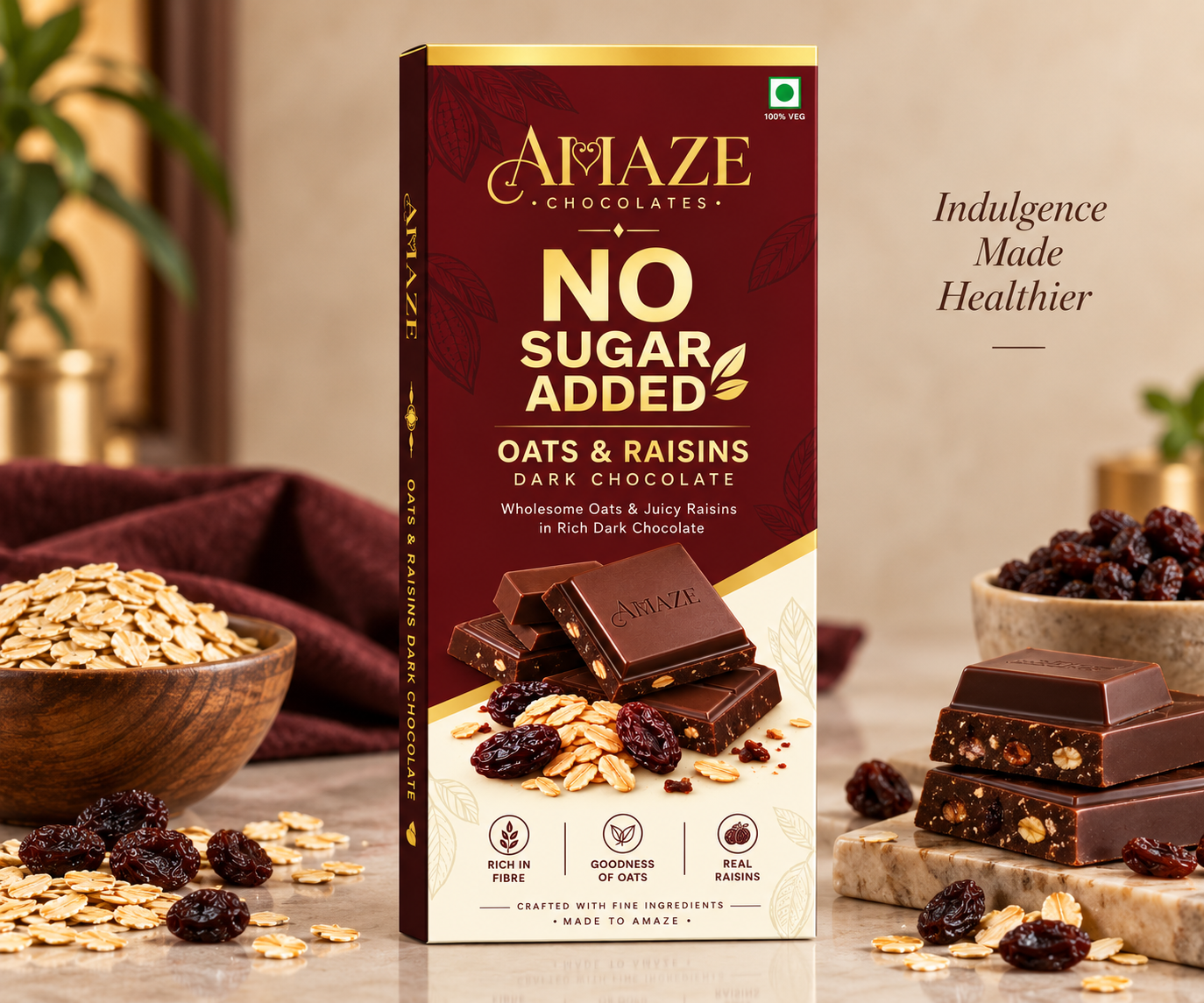Amaze Chocolates No Sugar Added Oats and Raisins Dark Chocolate